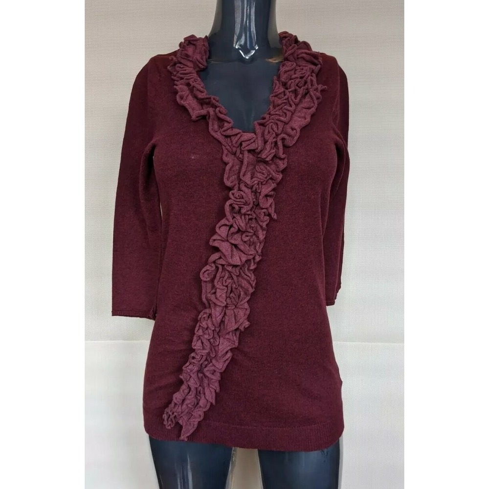 Anthropologie Guinevere Sweater Purple Small S Bias Ruffle V-Neck Knit Pullover
